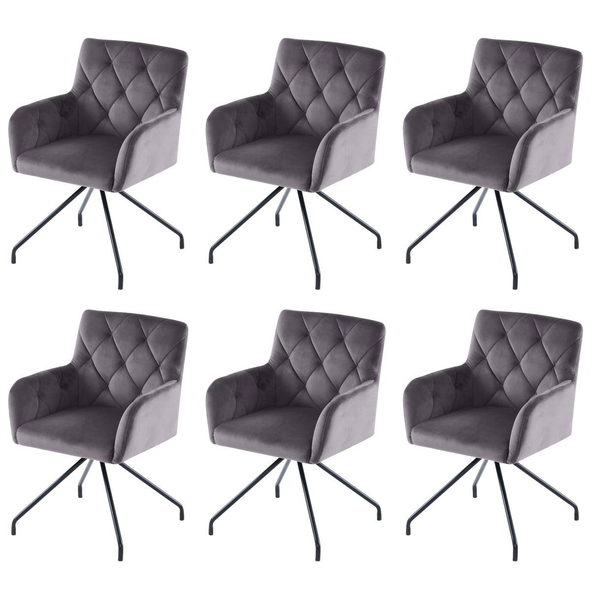 Set of 6 Dining Chairs with Diamond Pattern and Lumbar Support, Grey Velvet