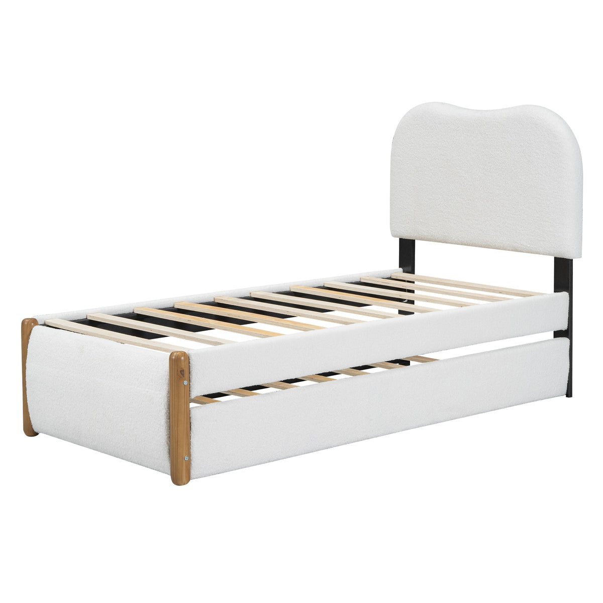 Upholstered Flat Bed with Pull-Out Trundle, 90x200cm, White Velvet