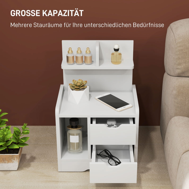 Bedside Table with 2 Drawers, Open Shelf, White