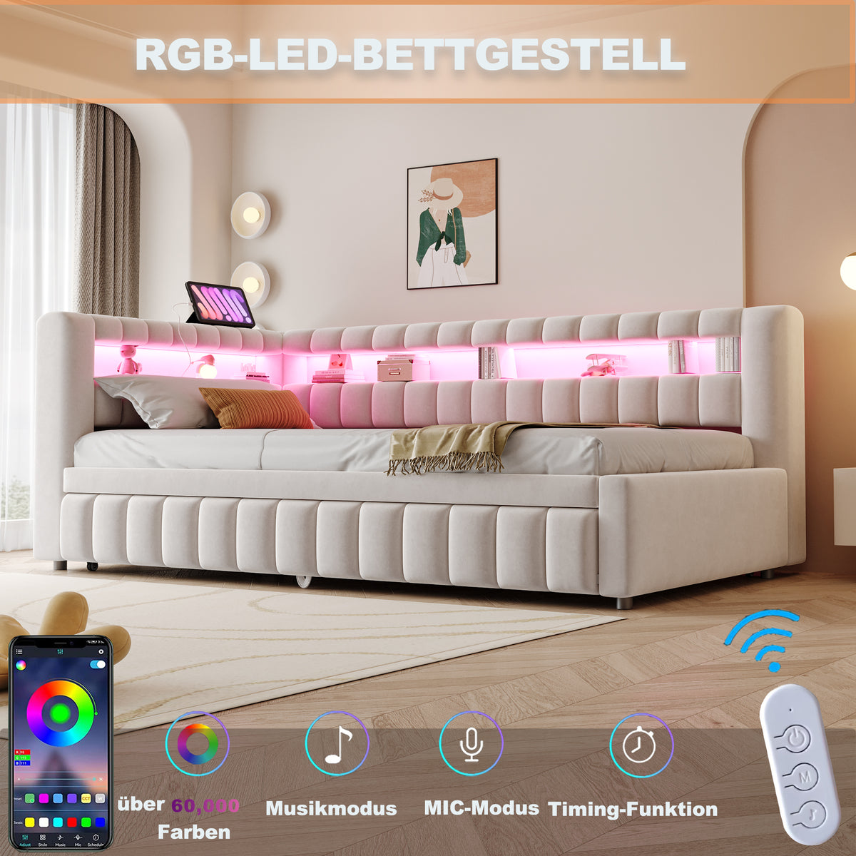 Extendable Sofa Bed 90x200cm with LED & USB, Beige Velvet