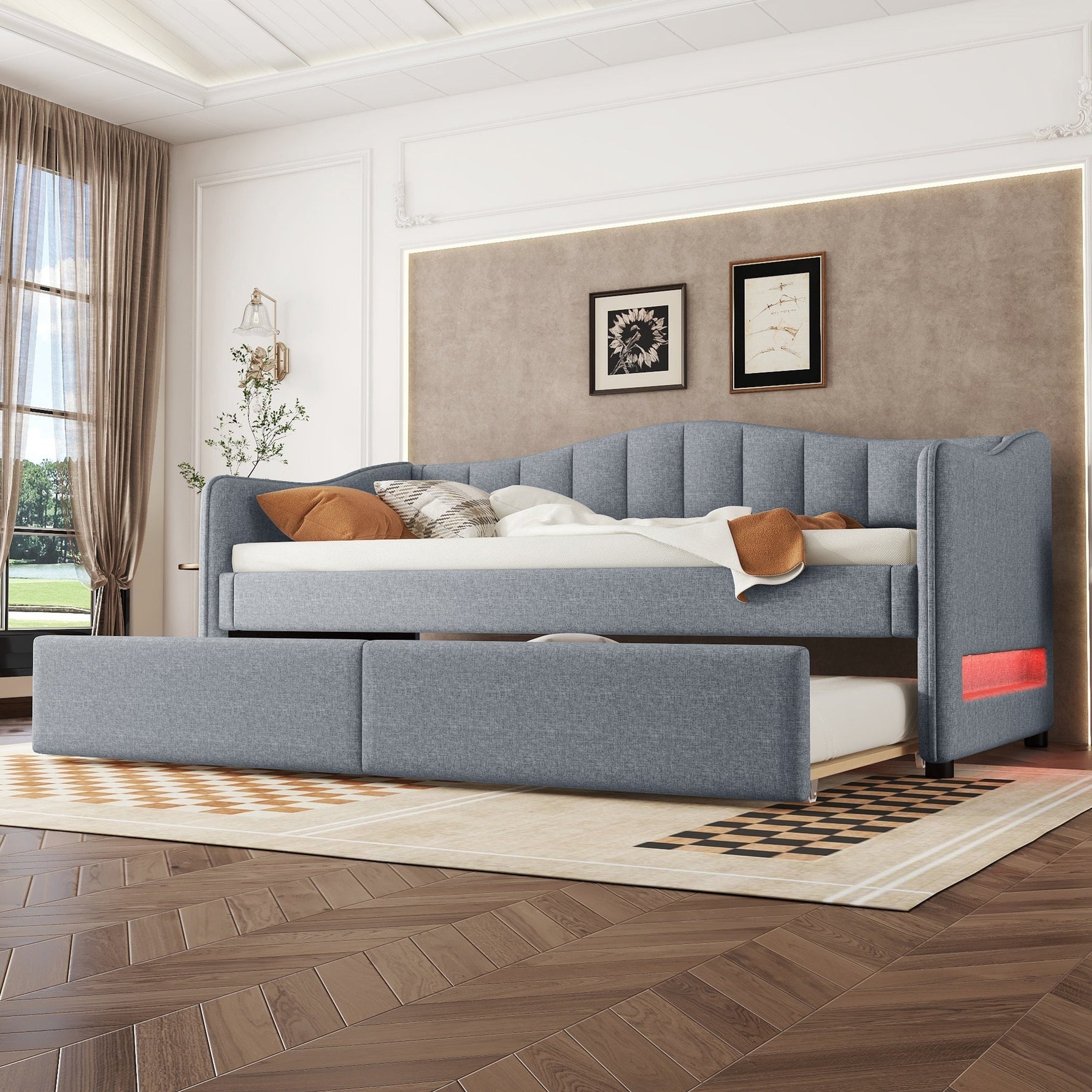 Daybed with Pull-out Bed and LED Ambient Lighting, 90x200cm, Grey Linen