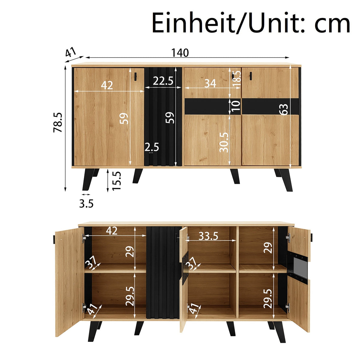 Sideboard, 140x78.5x41 cm, LED Lighting & Glass, Wood and Black