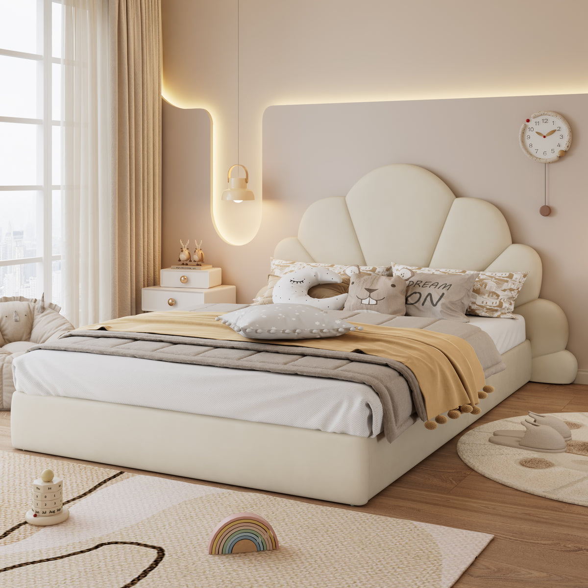 Upholstered Double Bed with Petal Headboard, 140x200cm, Beige Velvet