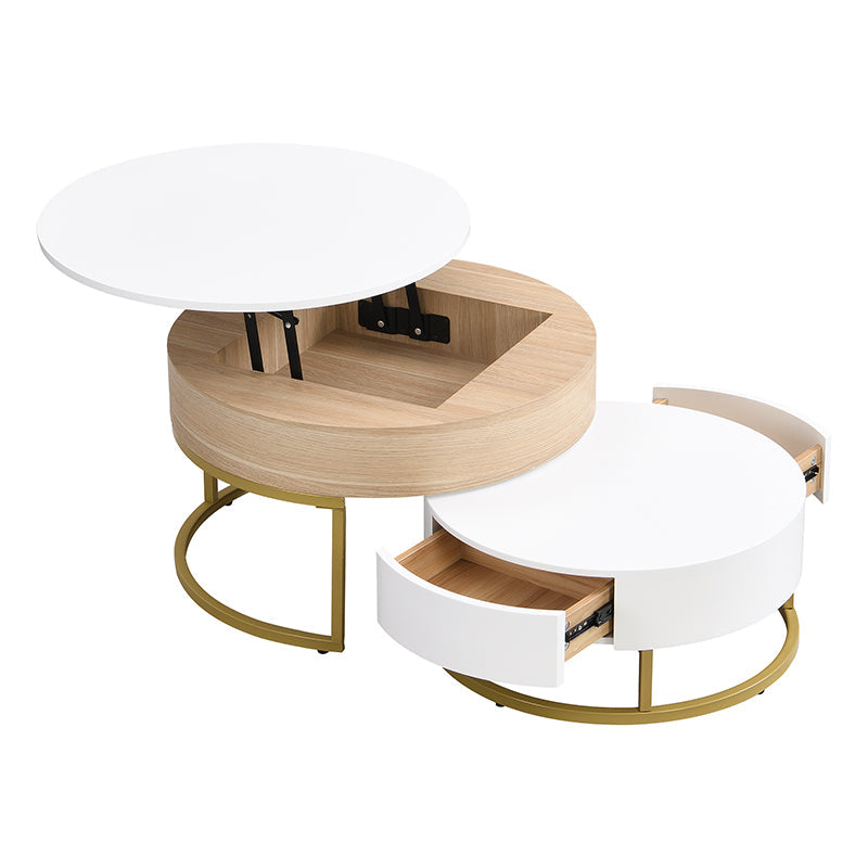Nesting Table, Fold-Up Coffee & Side Table with Two Drawers, 2-Piece Set, Golden