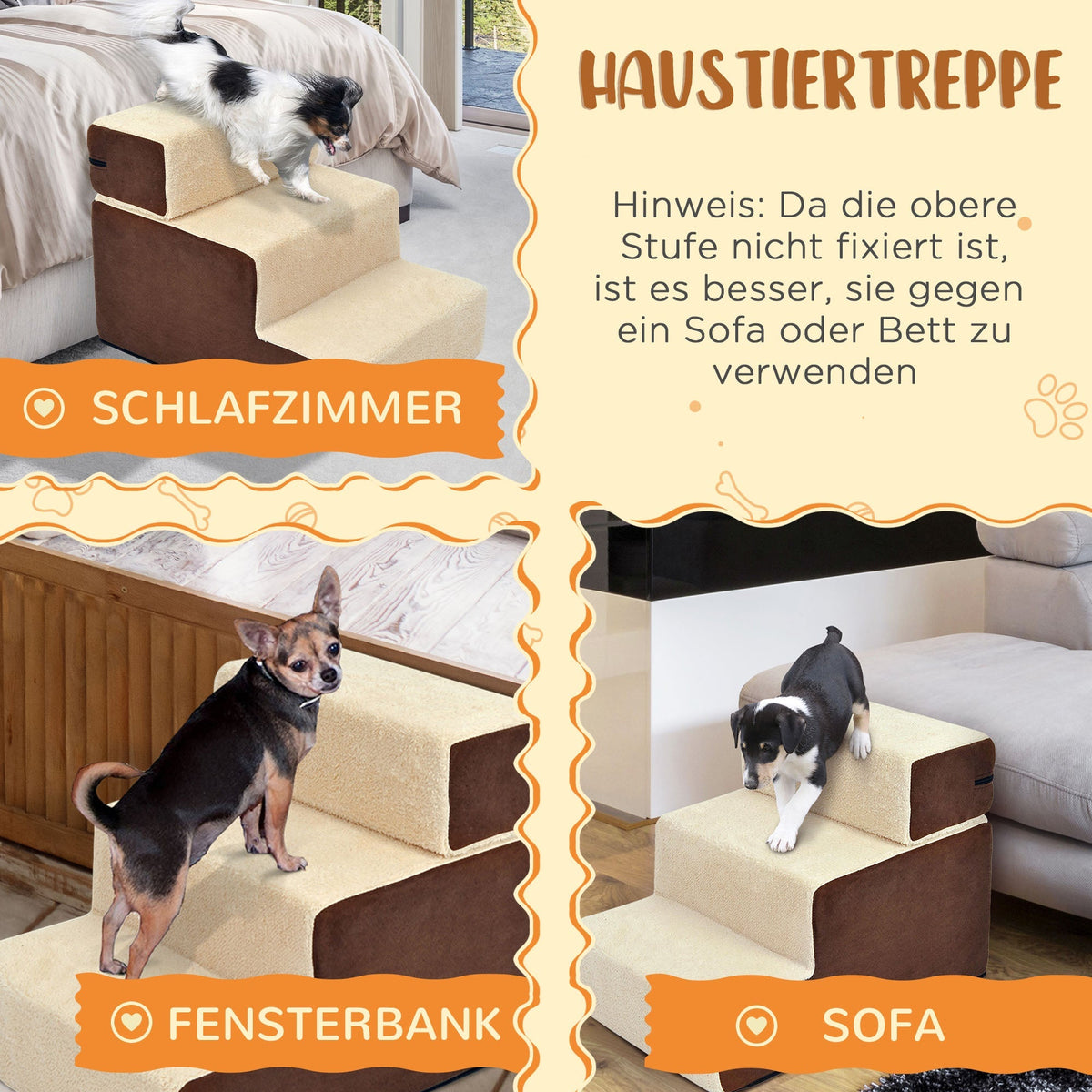 Dog Stairs, 3 Steps Pet Stairs, Plush Beige
