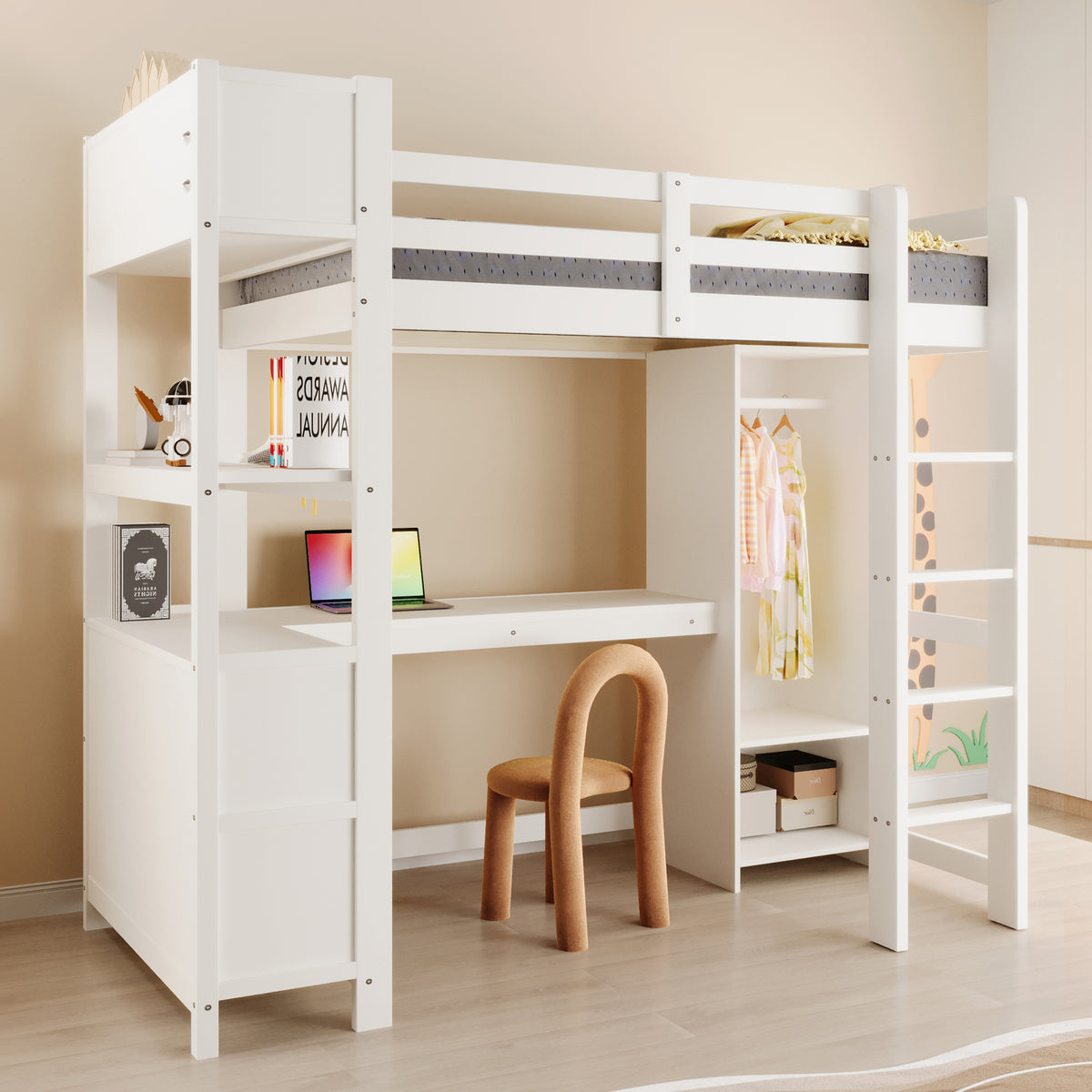 Loft Bed 90x200 cm with Desk, Wardrobe & Storage Shelves, White