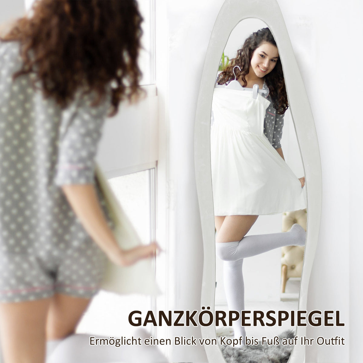 Full Length Mirror, 50 x 160 cm, Irregular Wavy, White Velvet