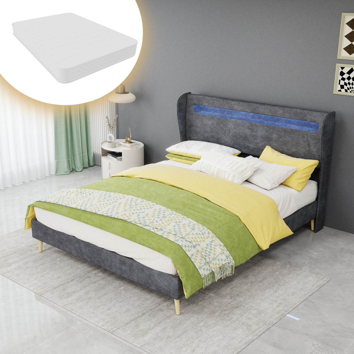 Modern Upholstered Bed 140x200cm with LED Headboard & Mattress, Grey