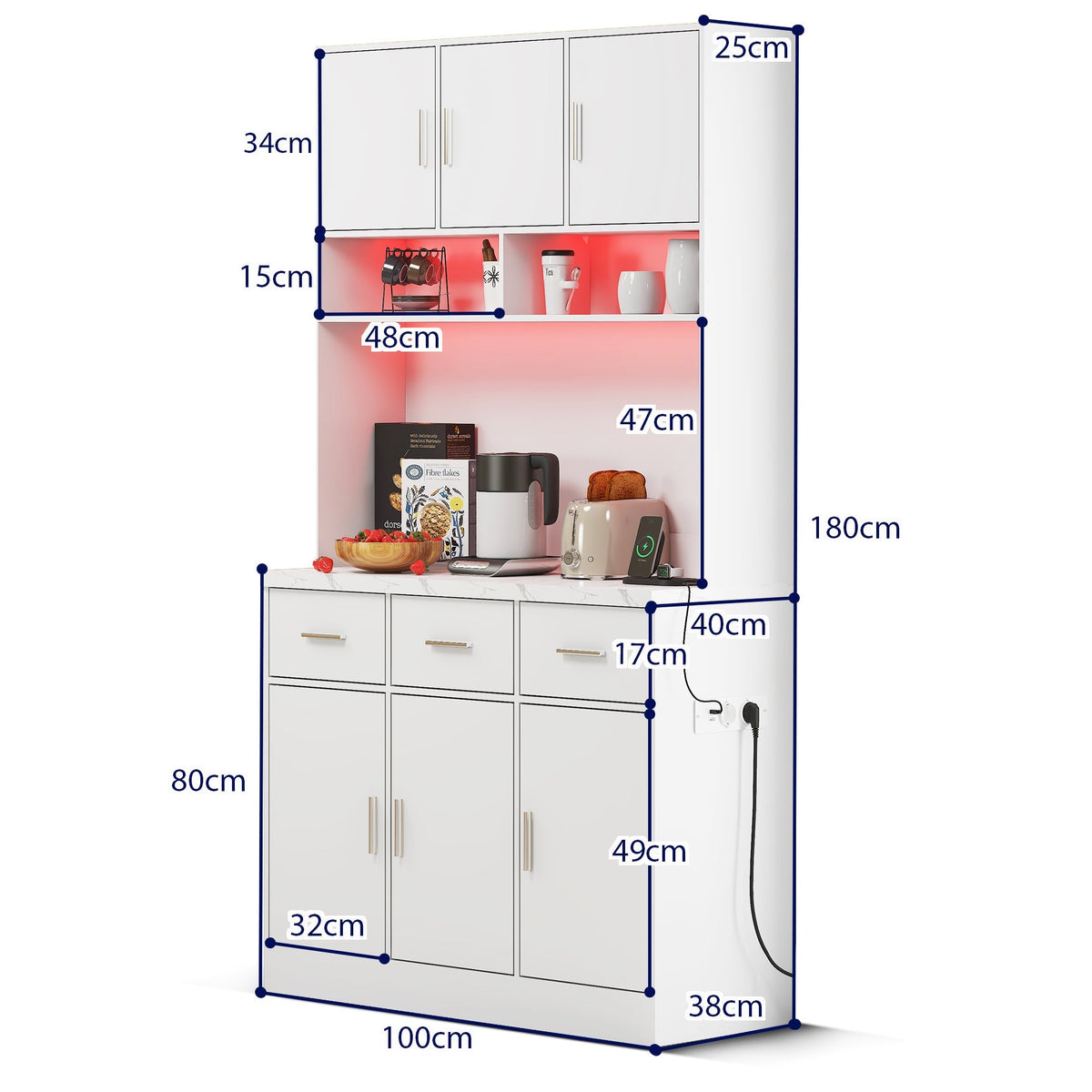 Multifunctional Buffet 100x40x180cm LED App Control Drawers Shelves Power Outlets