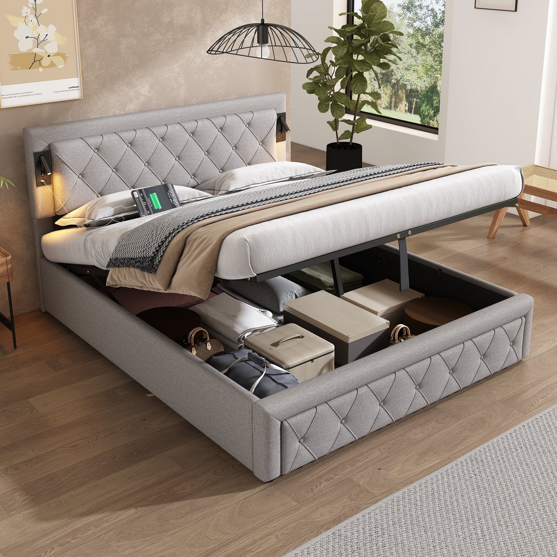 Upholstered Storage Bed with Downlight, USB Port and Slatted Base, 160x200cm, Grey Linen