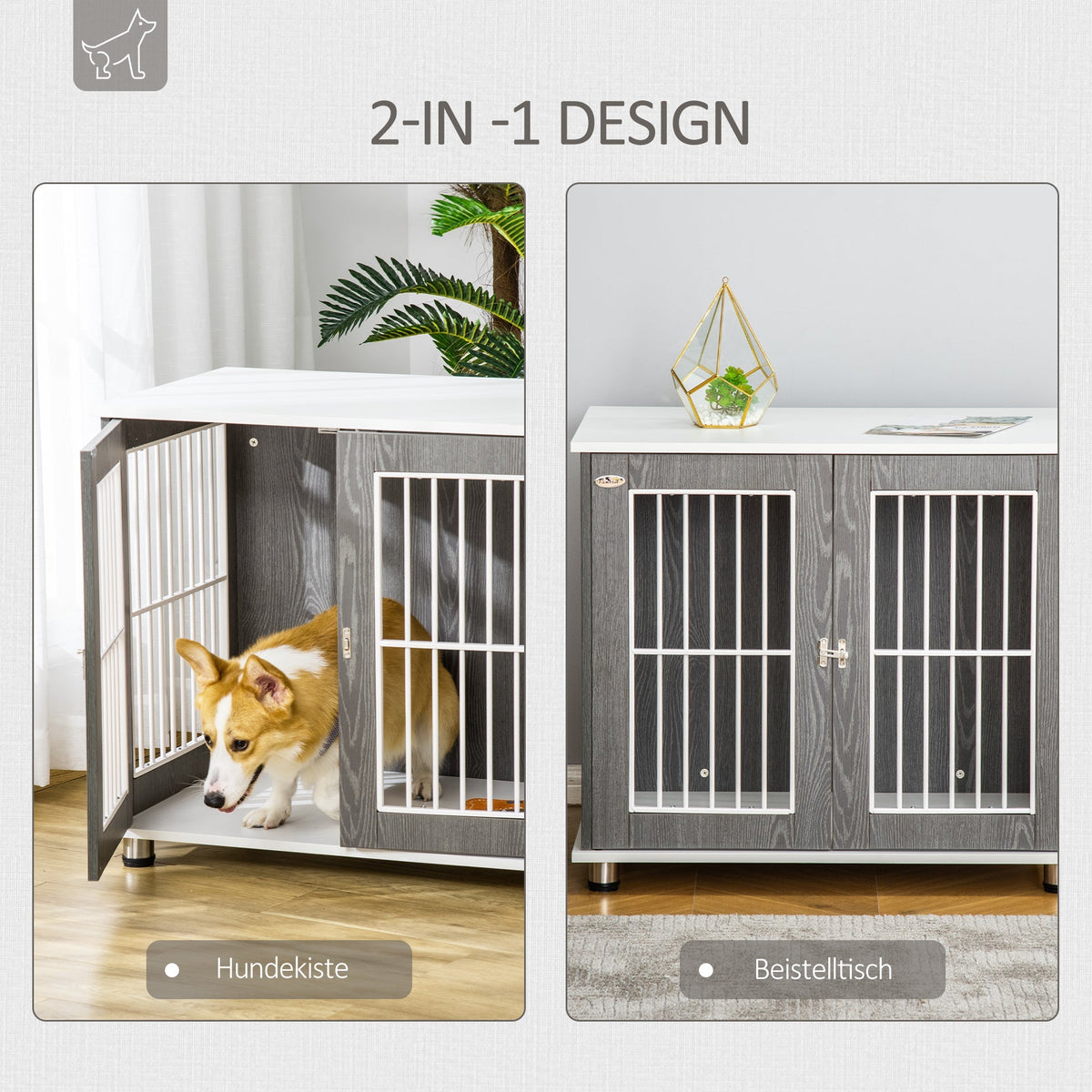 Wooden Dog House, Table Top & Cushion, Grey+White