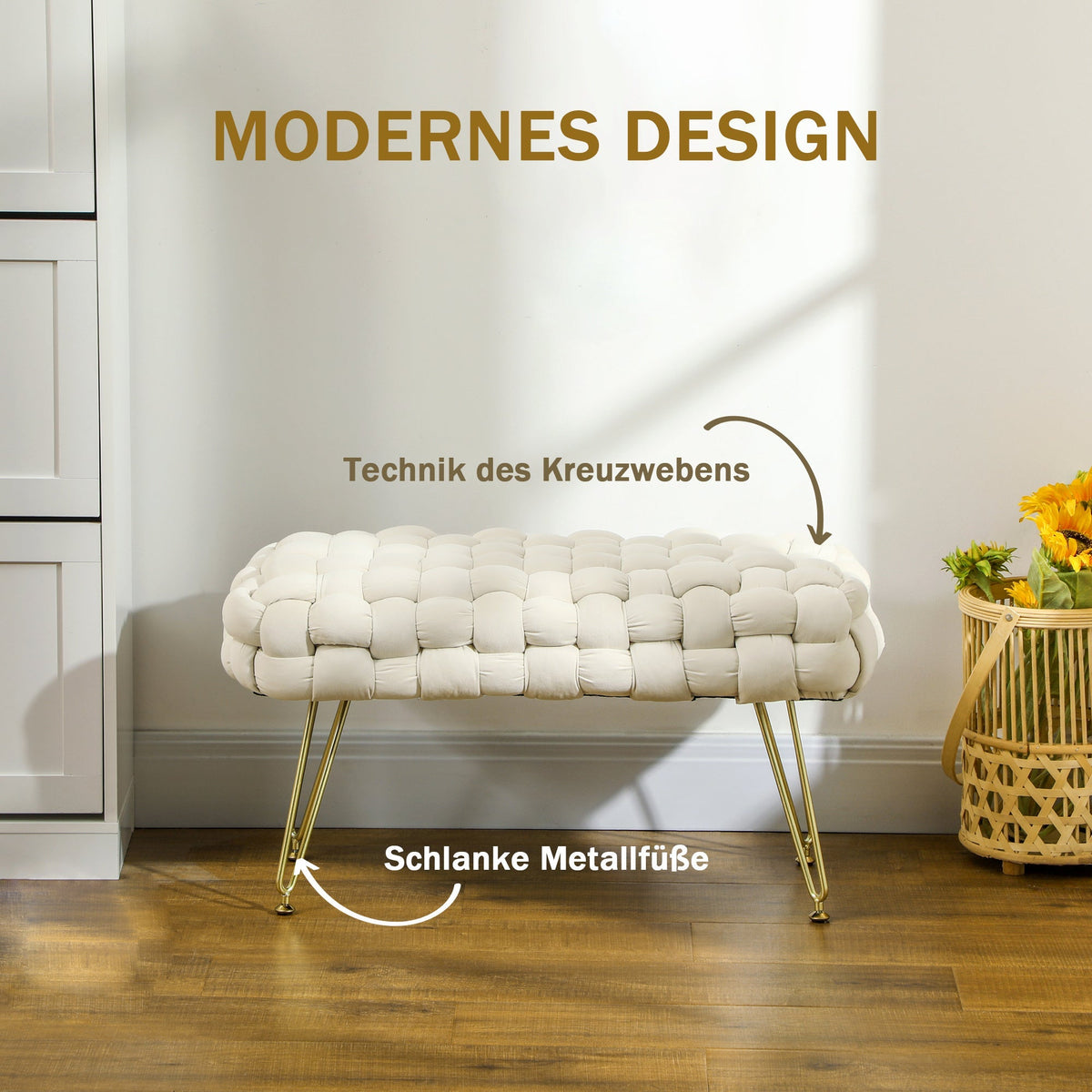 Footstool with Padded Seat, Metal Legs, Cream White Velvet