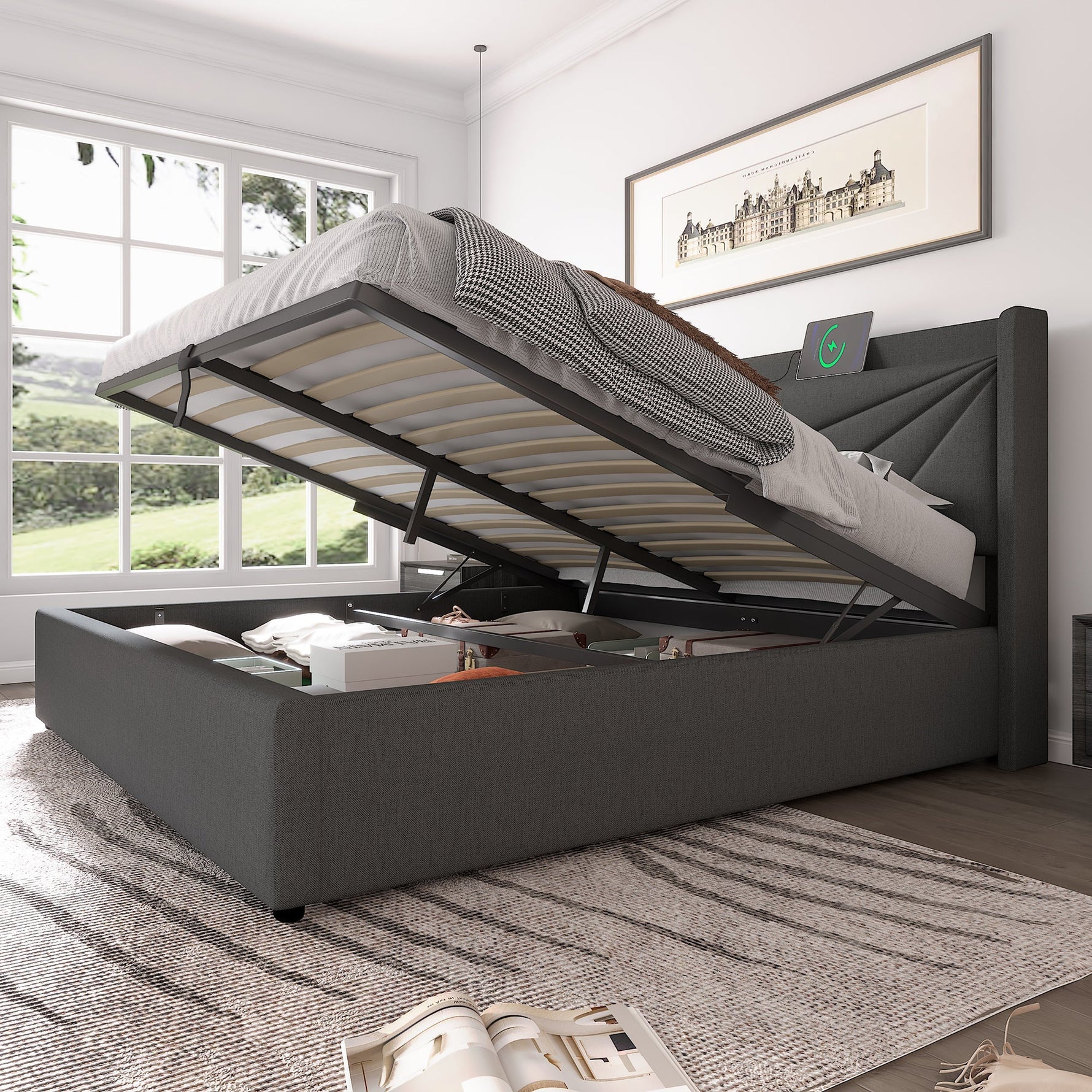 Upholstered Double Bed, Storage with USB-C Headboard, Linen