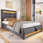 Upholstered Bed with LED Lights, APP Control, Hydraulic Storage and USB Port, Grey Linen