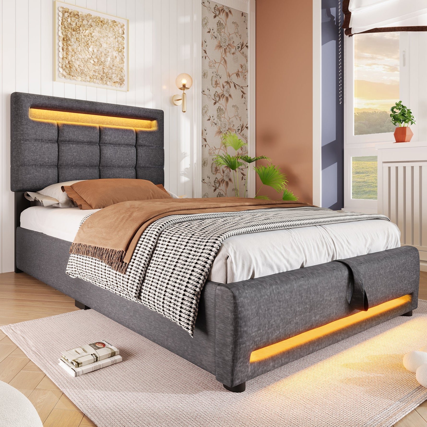 Upholstered Bed with LED Lights, APP Control, Hydraulic Storage and USB Port, Grey Linen