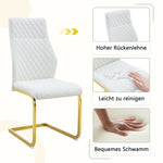Dining Chair Set of 2, High Backrest and Padded Cushion with Diamond Pattern, White and Gold Metal