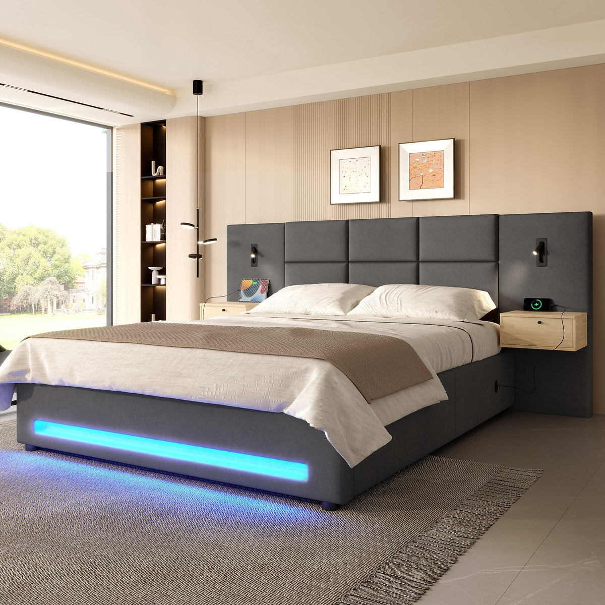 European Upholstered Bed 180x200cm Storage LED USB-C Velvet