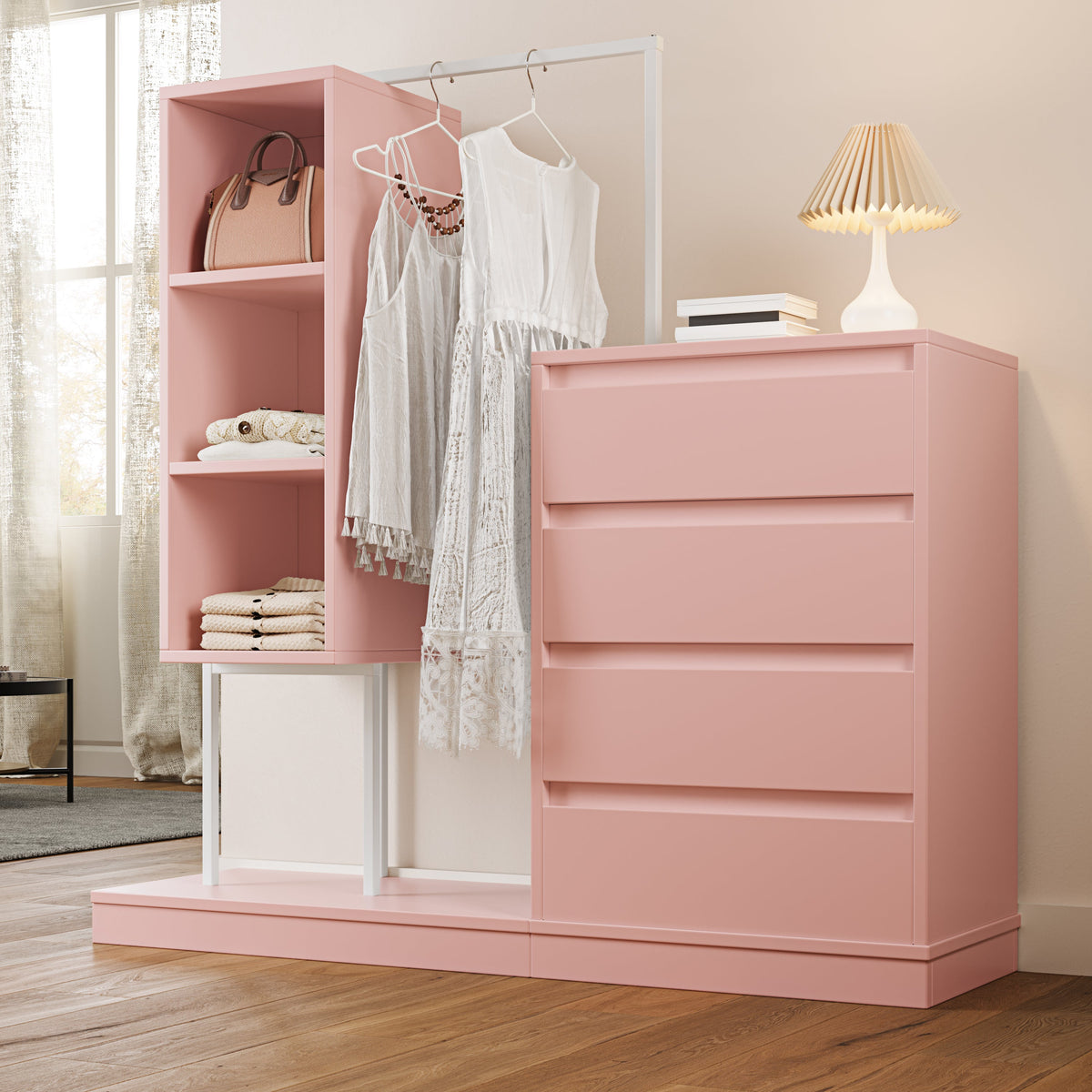 Drawer Cabinet Wardrobe Set, Sideboard Clothes Rail W140/W40/H135, Pink