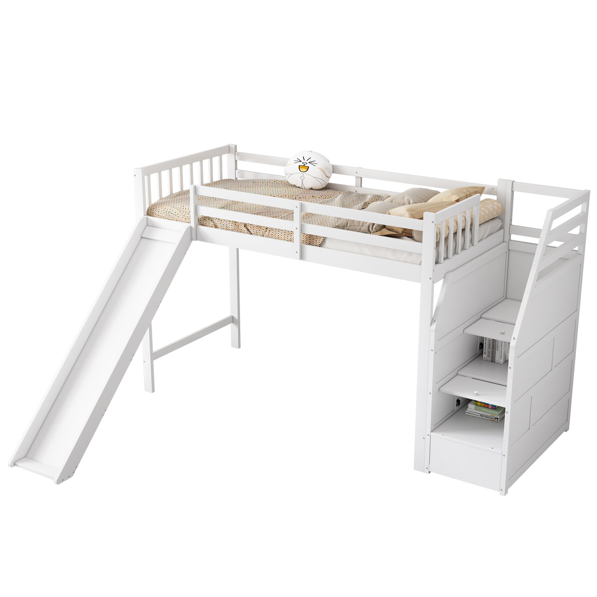 Children's Bunk Bed 90x200cm with Slide & Storage Ladder, White