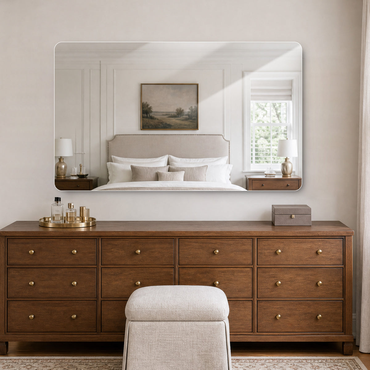 Bathroom Mirror 60x100 cm, Frameless Rounded Corners, Silver Glass
