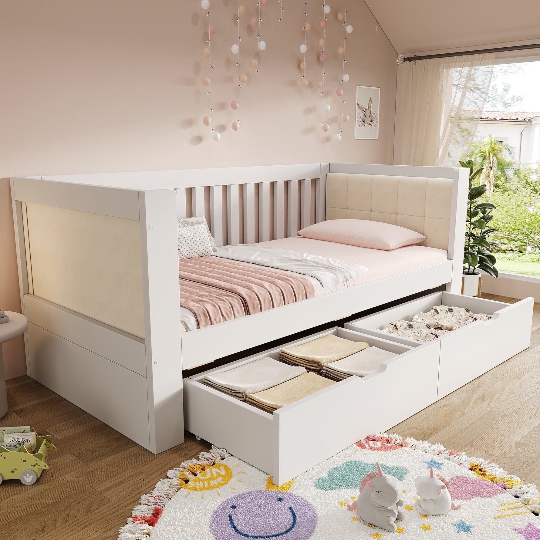 Sofa Bed with 2 Drawers and Rounded Armrests, 90x200cm, White Wood