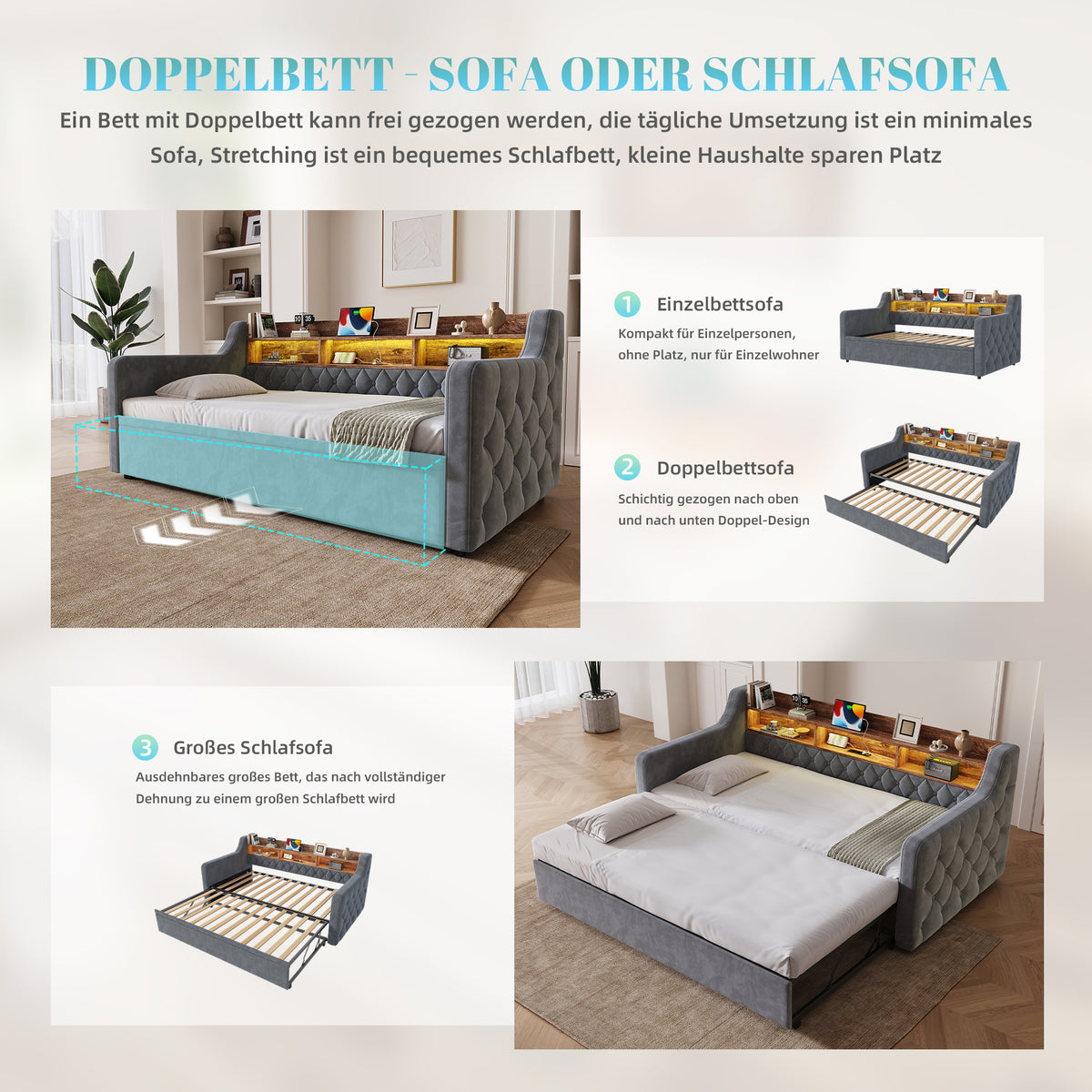 Extendable Sofa Bed 90x200cm with LED & USB, Beige Velvet