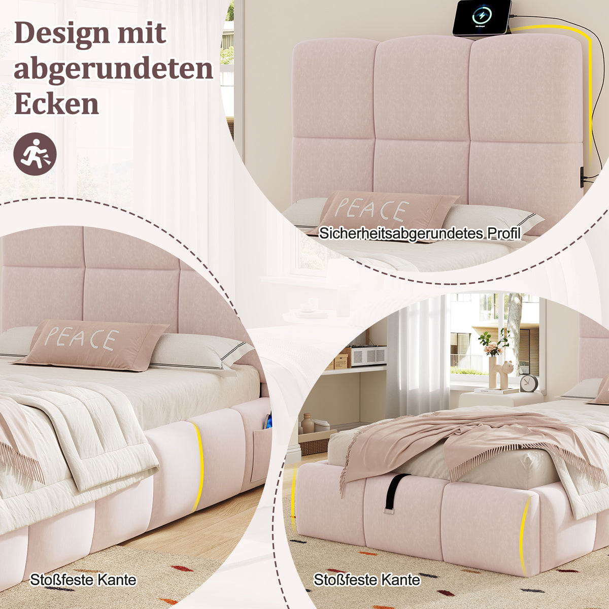 Upholstered Bed 90x200cm with Storage & USB Port, Pink Velvet
