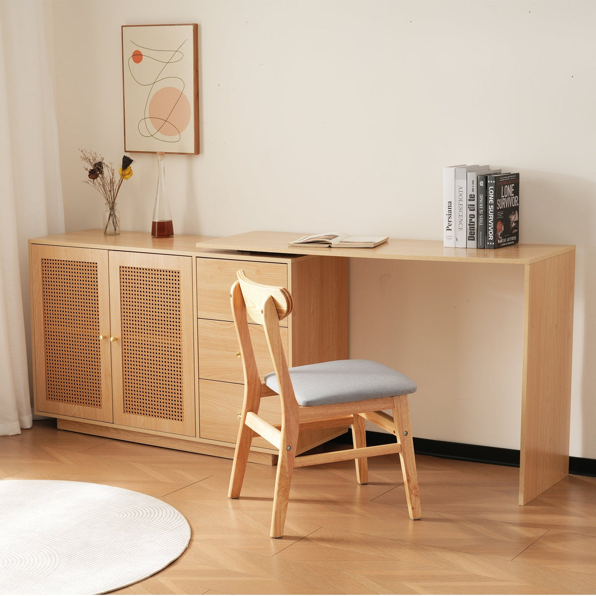 Desk, L-Shaped Corner Computer Table with Rattan Doors, 126 cm White