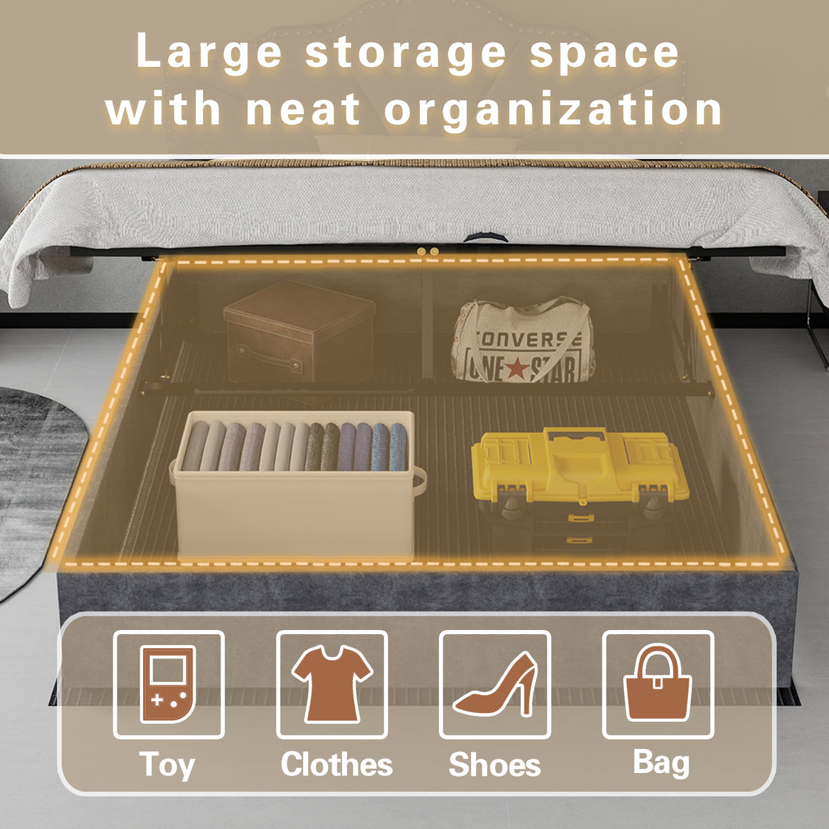 Modern Soft Bed 140x200cm with Mattress & Storage - Gray