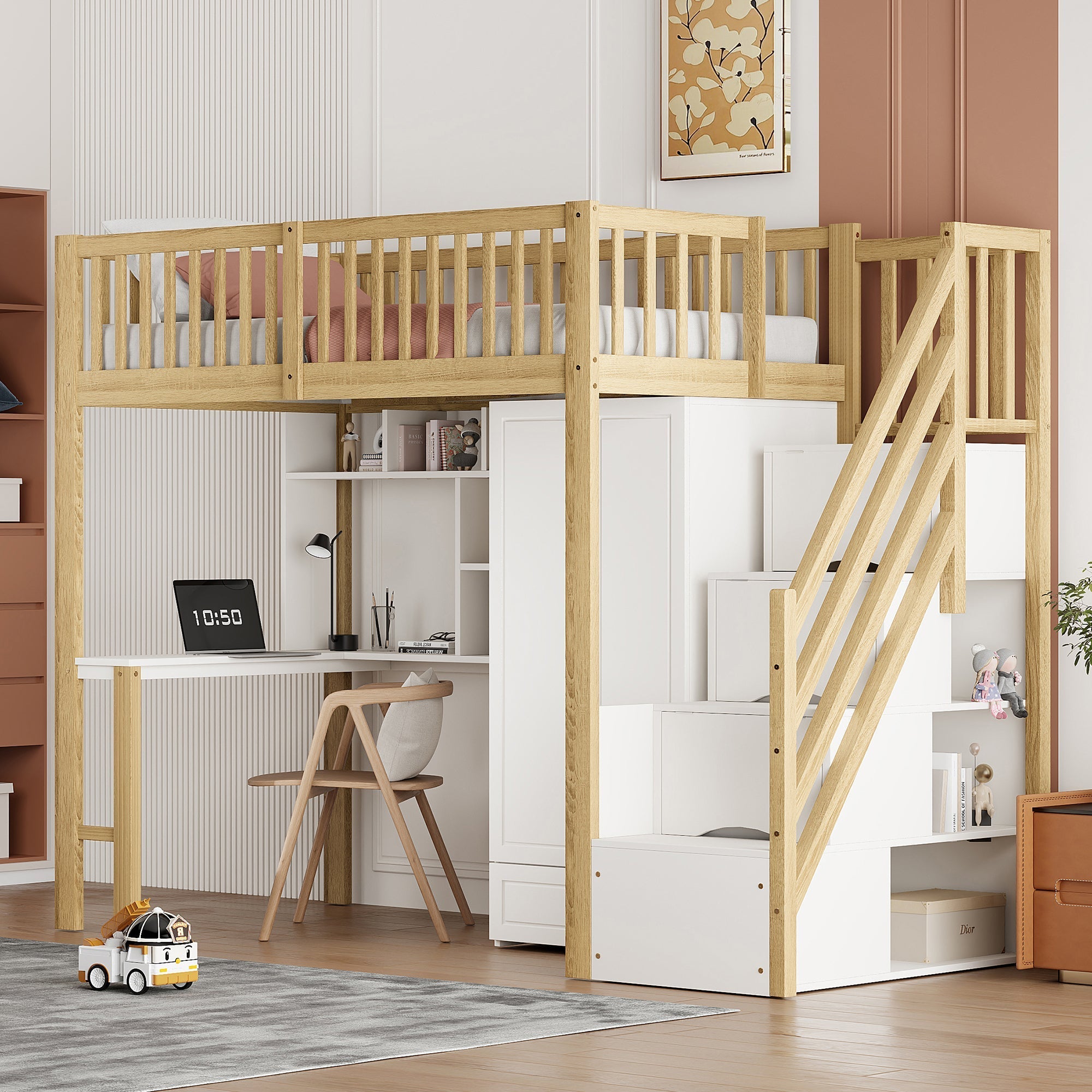 Loft Bed, 90x200 Wardrobe, Shelf, Table, Storage Stairs, Wooden