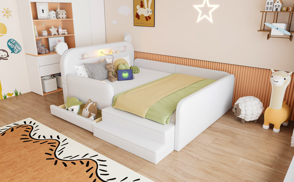 Children's Upholstered Bed 140x200 Bear Headboard White Faux Leather