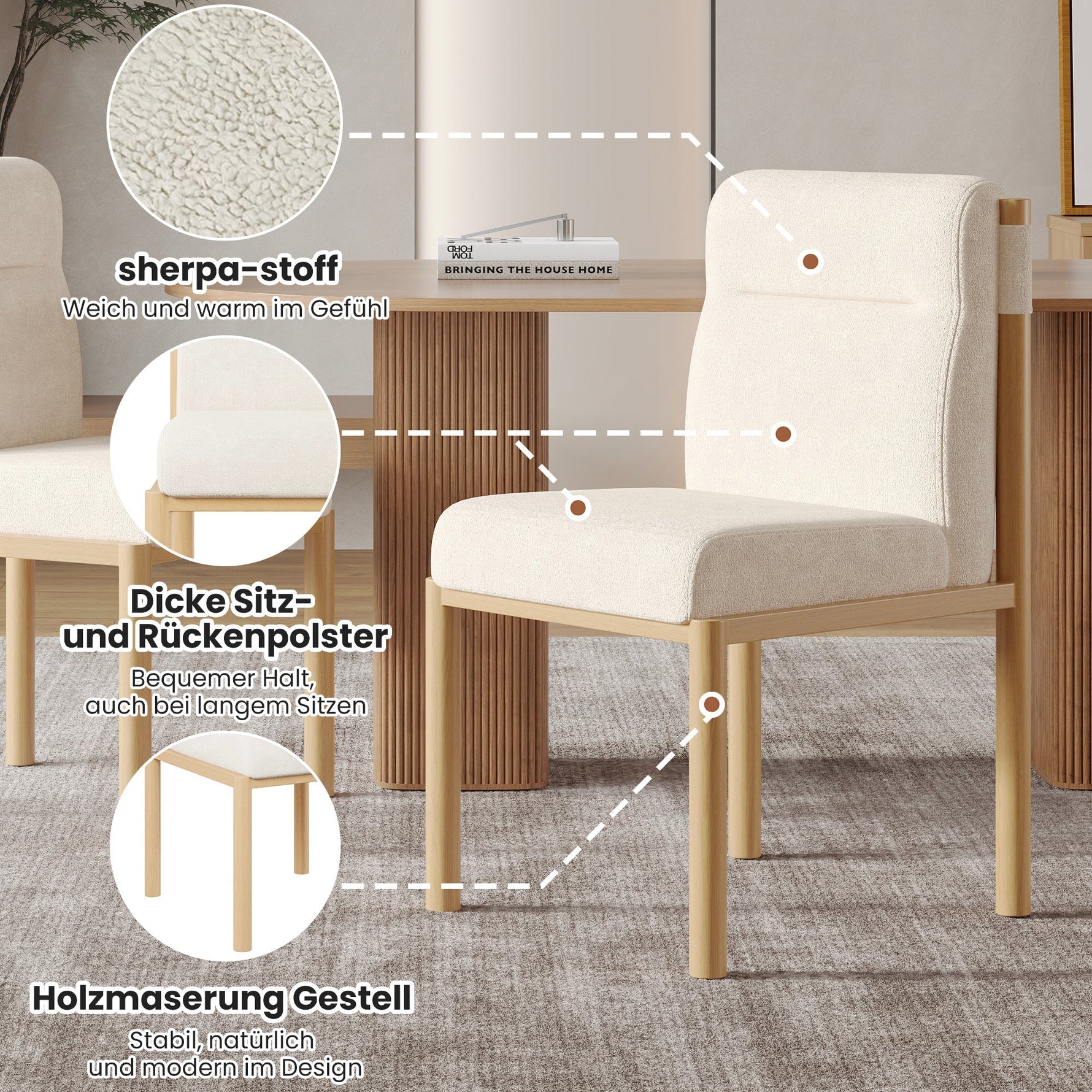 Dining Chairs Set of 4 Oak-Effect Frame Padded Sherpa Beige