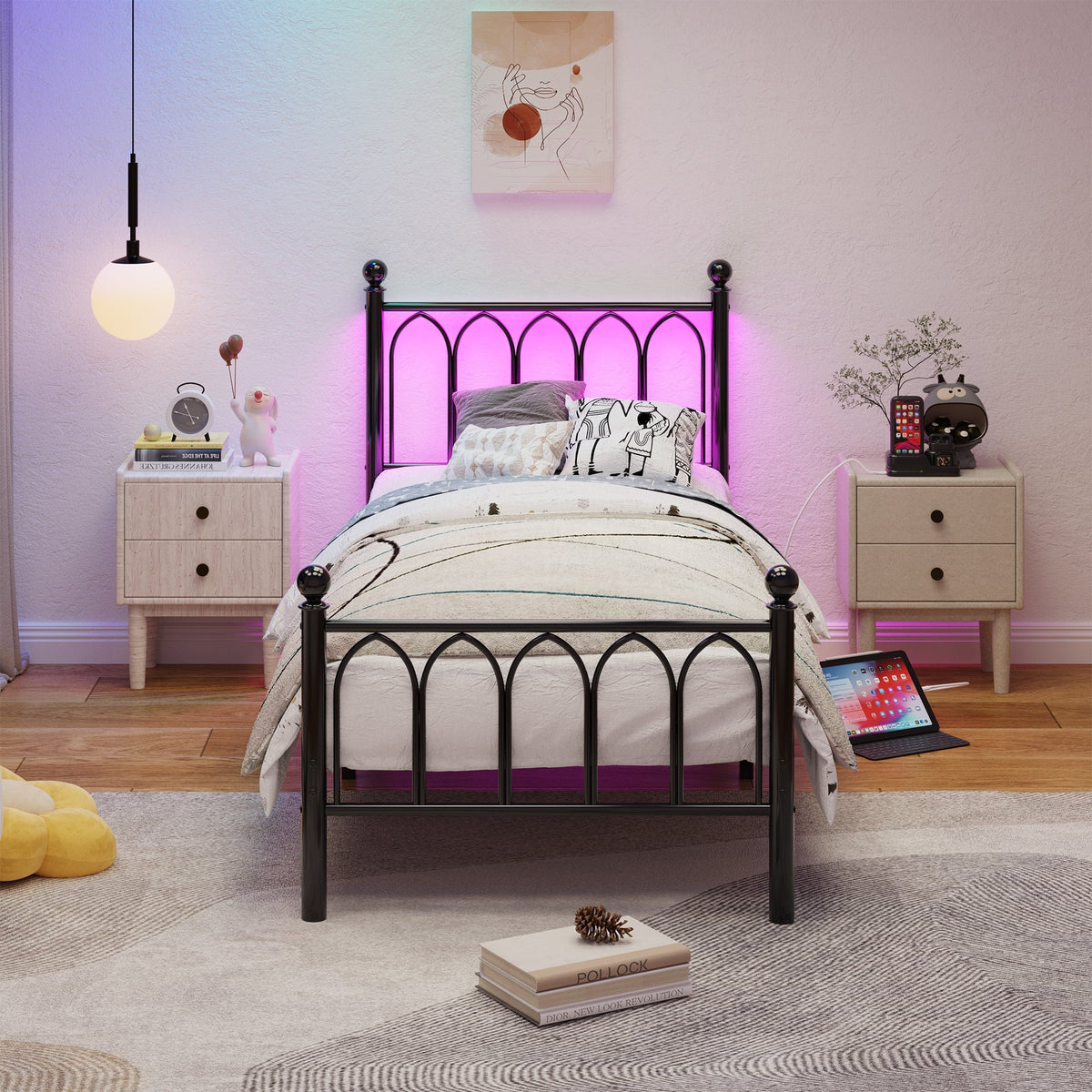 Metal Bed Frame with USB, LED, Vintage Headboard and Footboard, Black