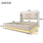 Upholstered Double Bed, Hydraulic Storage, LED, USB-C, Beige Cotton