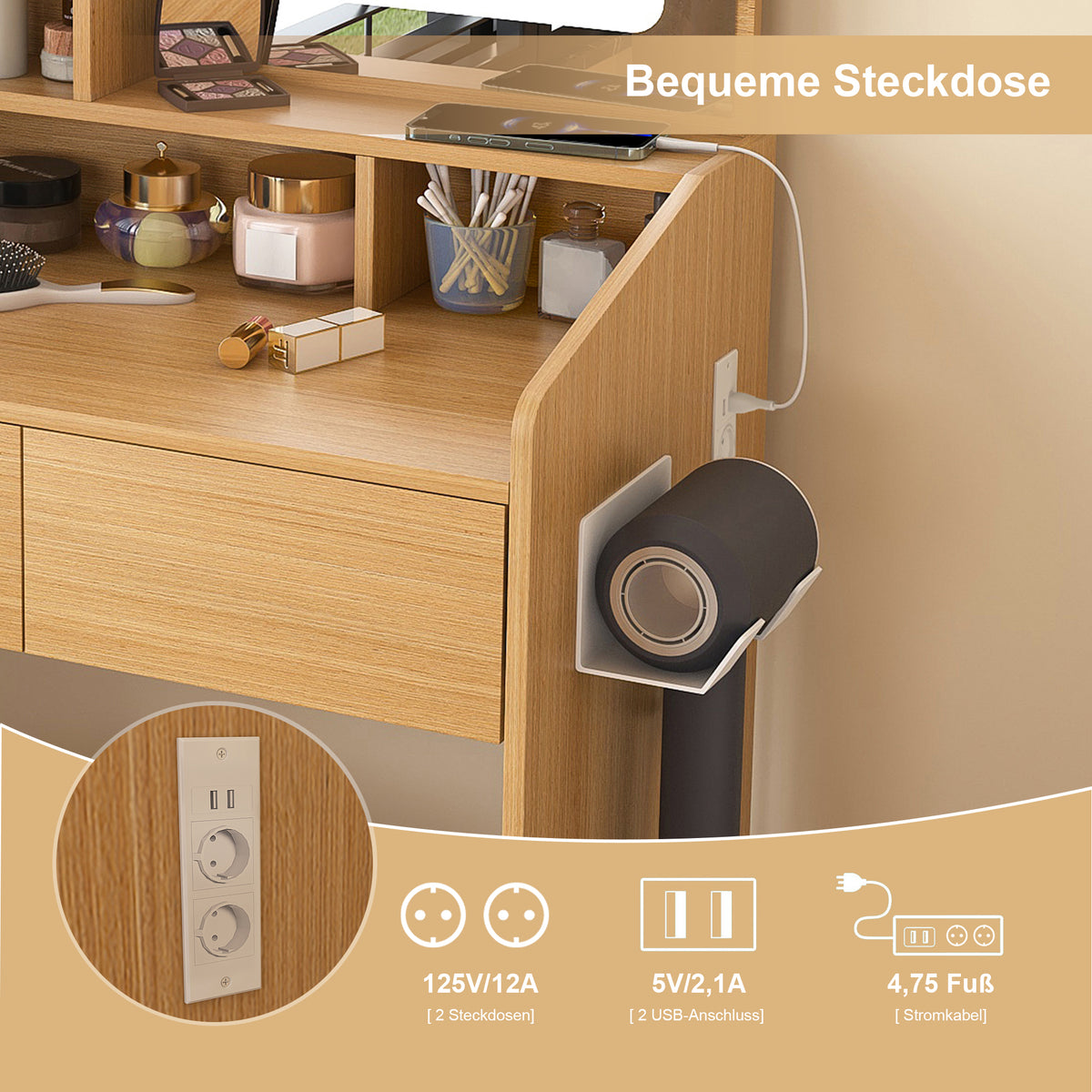 Dressing Table Set with LED Mirror & Power Outlet, Wood