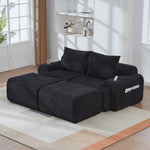 Modular 2-Seater Sofa with 2 Ottomans, Cupholder and Storage Pocket, Black Corduroy