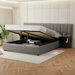 Upholstered Bed 160 x 200 cm with Hydraulic Storage and 2 Bedside Tables, Grey and Black Linen