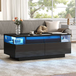 Coffee Table with Tray, High-Gloss, 2 Drawers, Tempered Glass, LED Light, Black