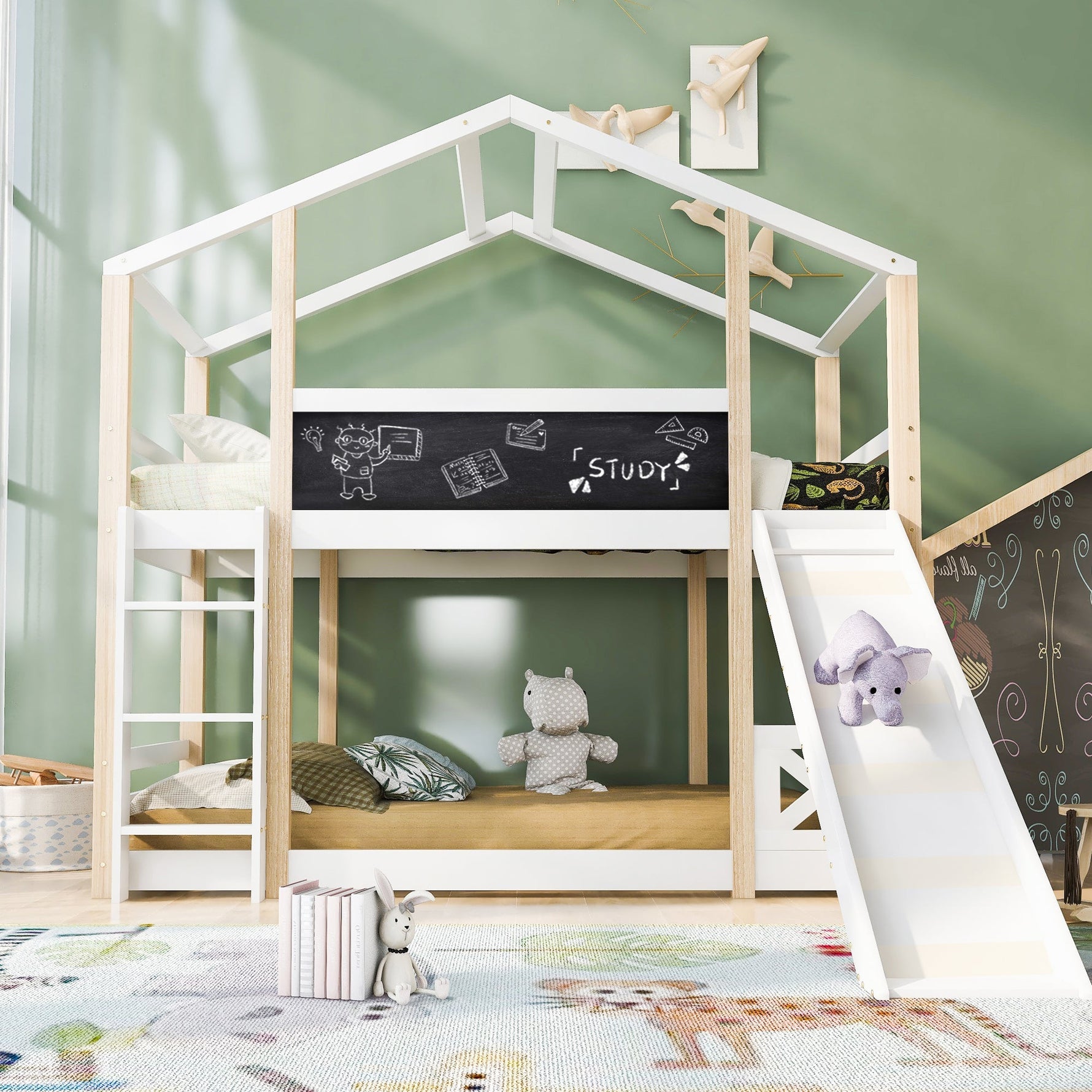Children's Bed Tree House, Loft Bed with Slide & Ladder, 90x200cm, Natural & White