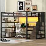 Metal Loft Bed with Stairs, Desk, Storage, USB and LED, 140x200, Black