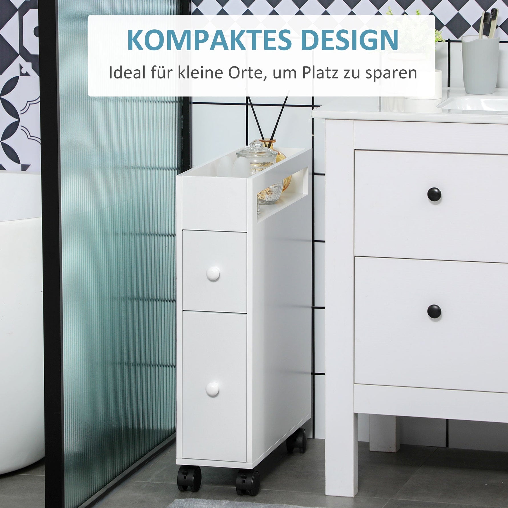 Bathroom Cabinet Niche Trolley with Wheels 2 Drawers Open Compartment, White