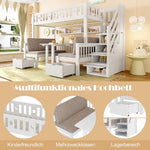 Multifunctional Loft Bed, 90x200cm 2-in-1 Bed & Desk Storage Ladder, White
