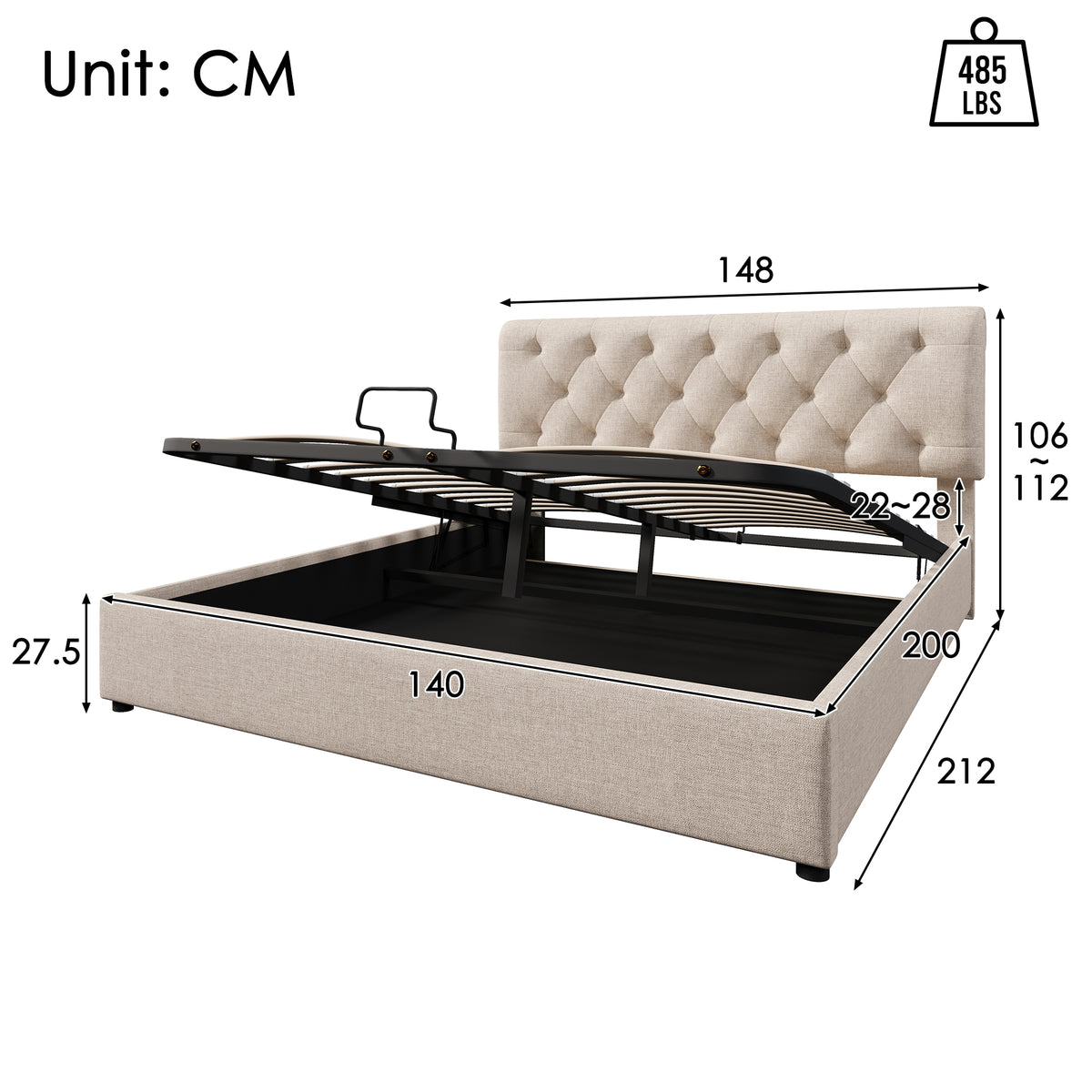 Hydraulic Upholstered Bed 140x200cm with Storage, Natural