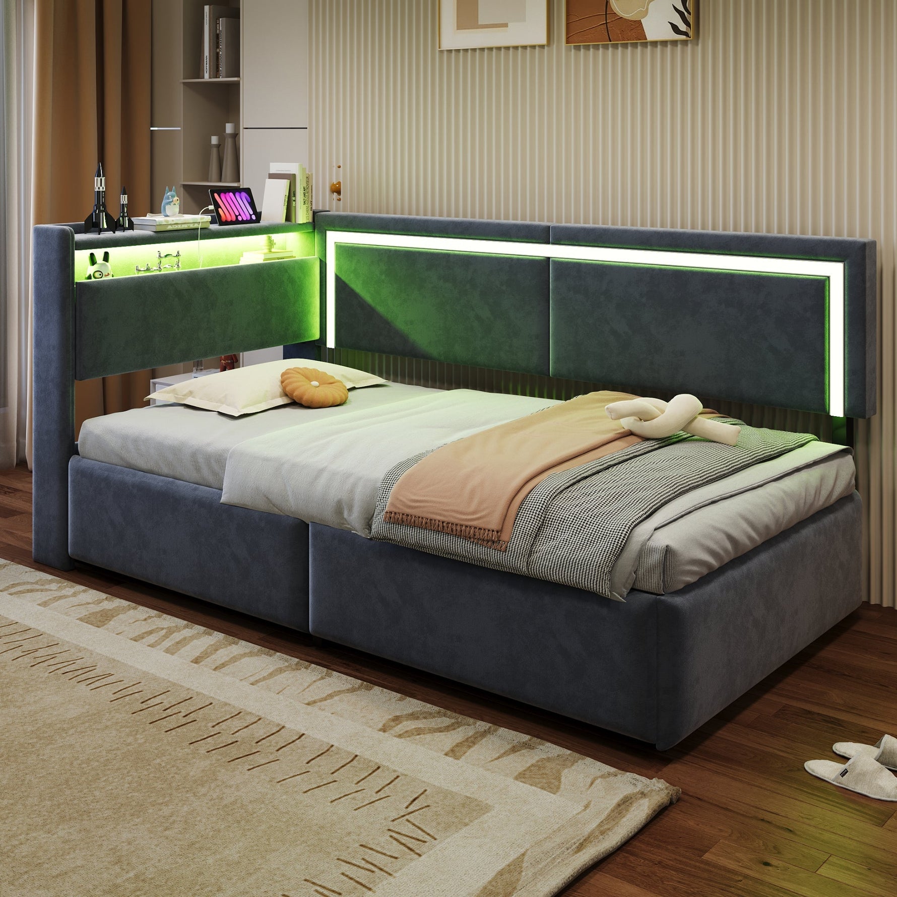 Upholstered Sofa Bed 90x200 cm with LED Lighting, USB Ports and Hydraulic Storage, Dark Grey Velvet