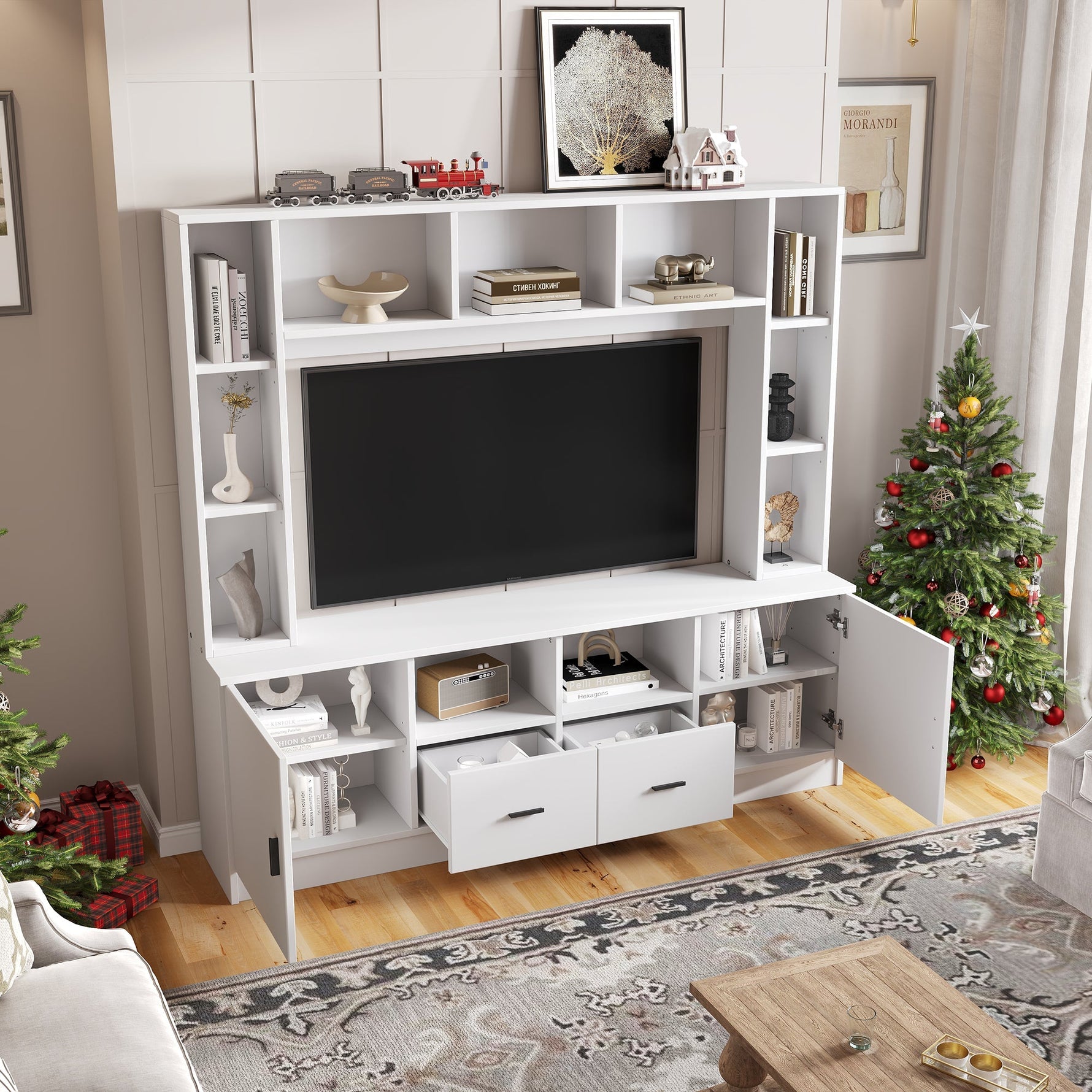 TV Wall Unit Set 180x170cm Display Cabinet 2 Cabinets 2 Drawers for 60" TV - White