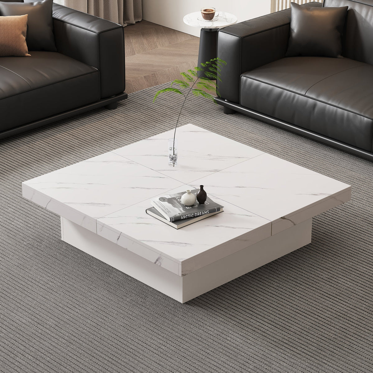 Modern white square coffee table, 90 x 90 x 25 cm with four drawers, sliding tabletop, 30 kg load capacity, marble look