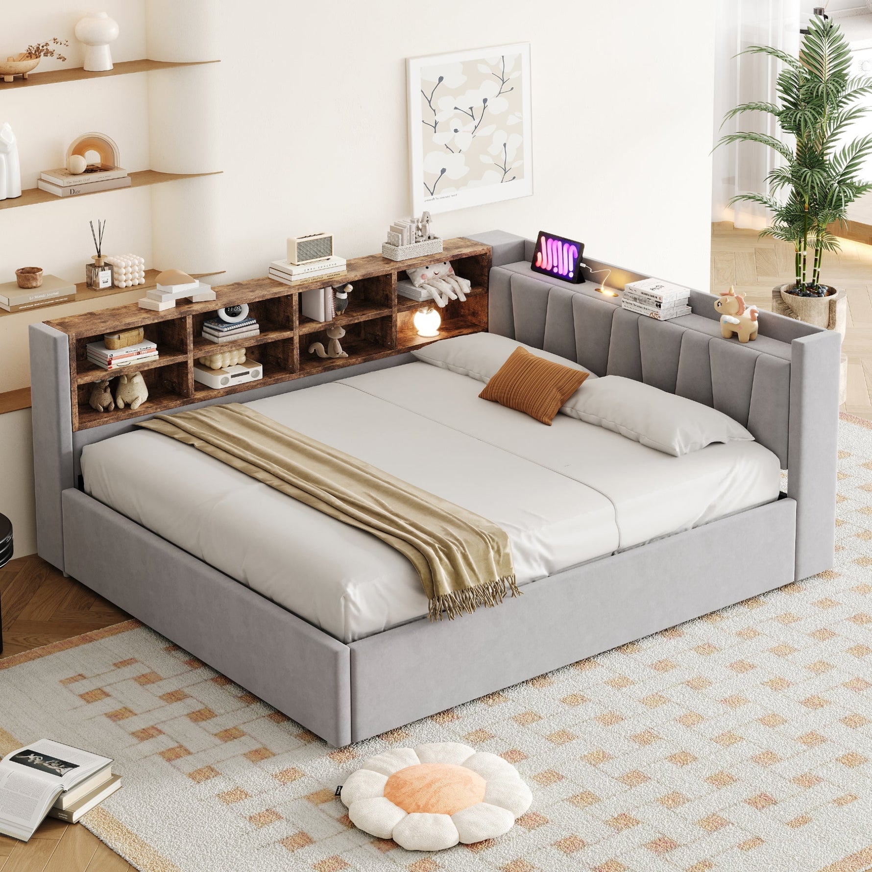 Upholstered Bed/Sofa Bed with Hydraulic Storage, USB Charging and Night Light, 140x200cm, Light Grey Velvet Fabric