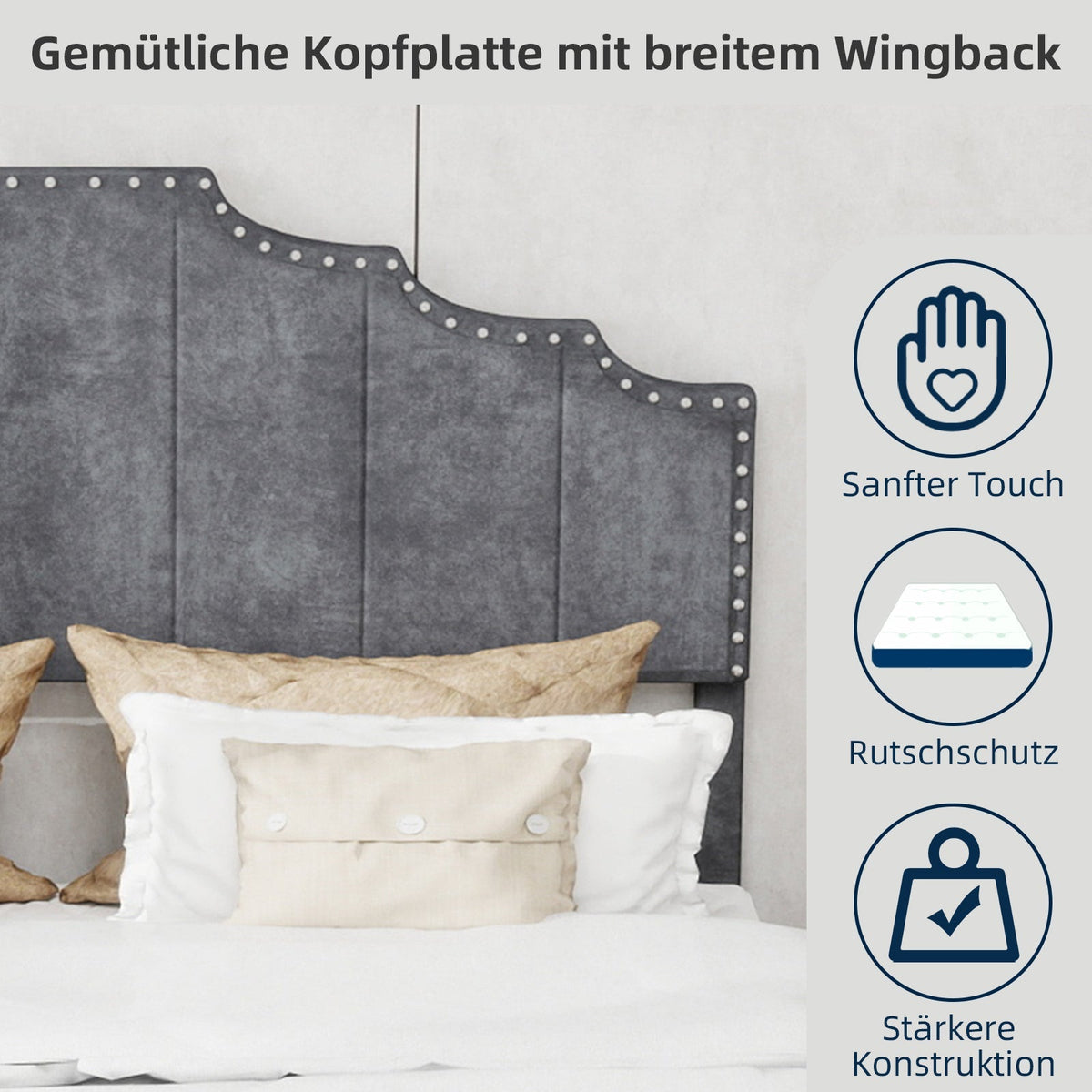 Modern Minimalist Soft Bed with Comfortable Headboard and Low Box Frame 160x200cm, Gray