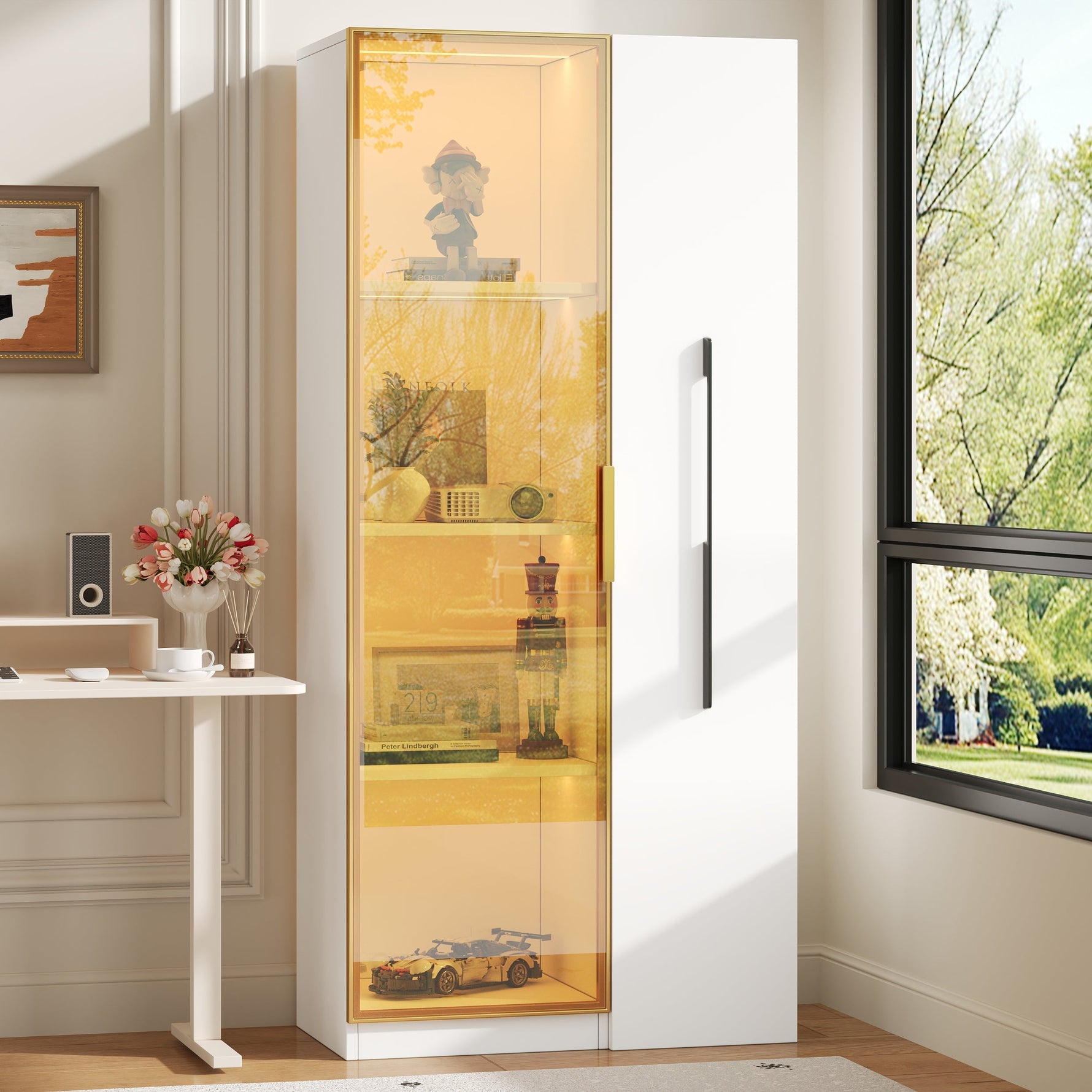 Display Cabinet with Glass Doors, Side Drawers and LED Lighting, White MDF
