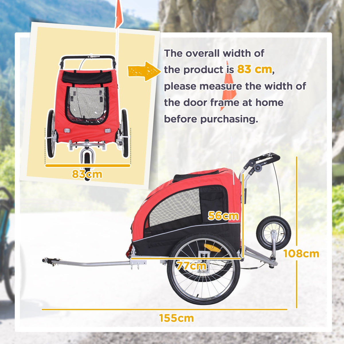 Dog Trailer Jogger, 2-in-1 Bike, Red+Black